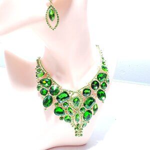 Green Rhinestone Necklace & Earrings